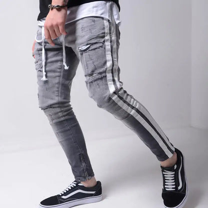 メンズ リップド スリムフィット デニム ストリートパンツ