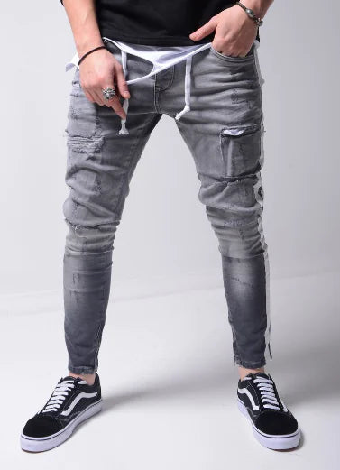 メンズ リップド スリムフィット デニム ストリートパンツ