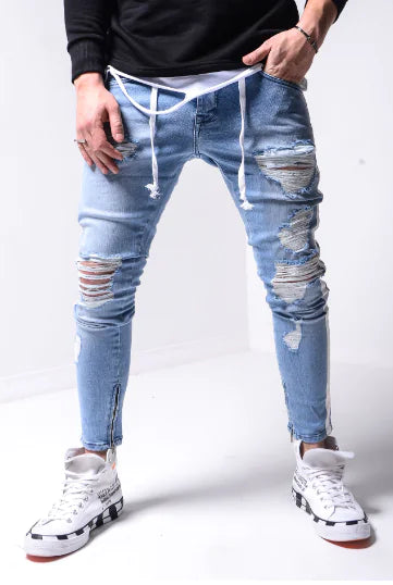 メンズ リップド スリムフィット デニム ストリートパンツ